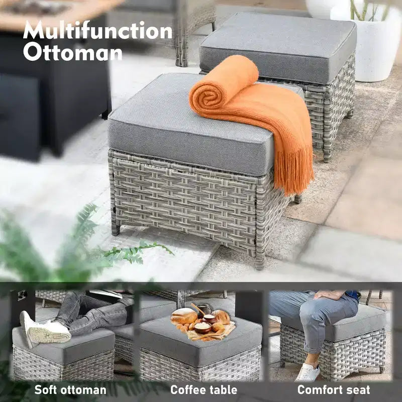 HOMLUX Set da conversazione da patio in vimini da 6 pezzi con divano a 3 posti con cuscino, sedie in rattan, poggiapiedi, tavolino da caffè