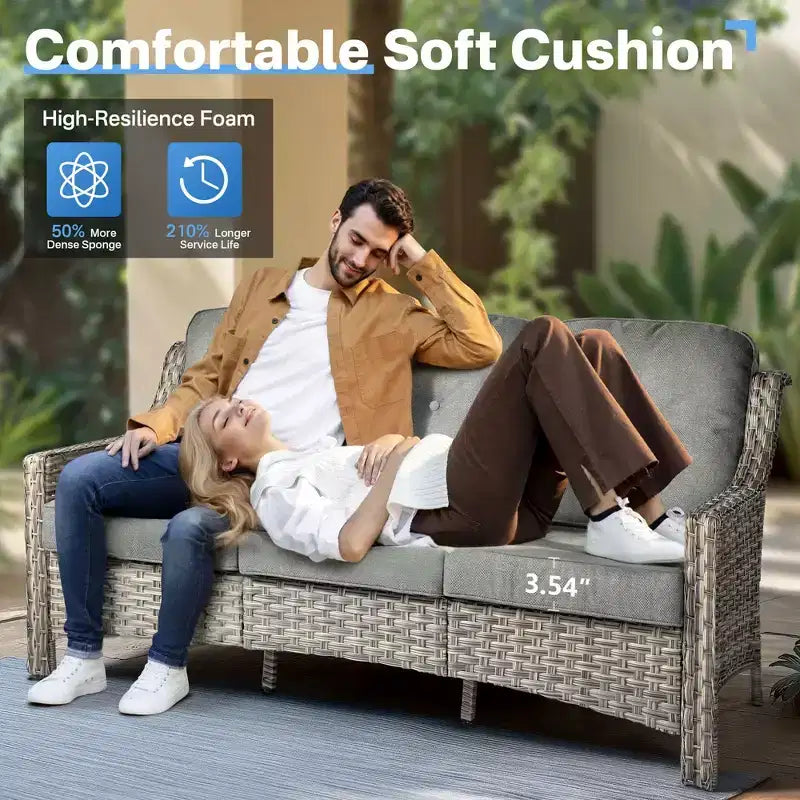 HOMLUX Set da conversazione da patio in vimini da 6 pezzi con divano a 3 posti con cuscino, sedie in rattan, poggiapiedi, tavolino da caffè