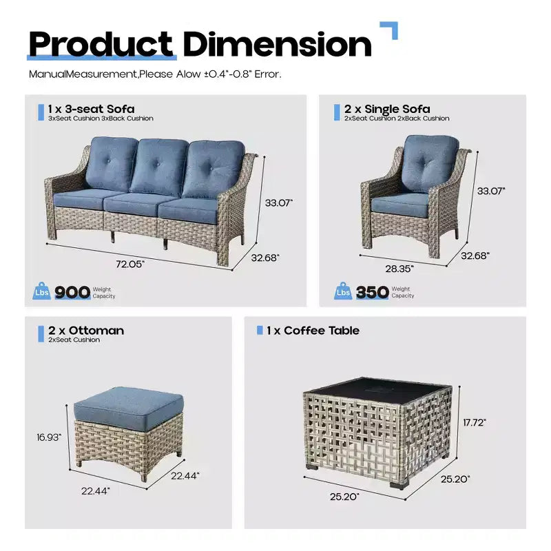 HOMLUX Set da conversazione da patio in vimini da 6 pezzi con divano a 3 posti con cuscino, sedie in rattan, poggiapiedi, tavolino da caffè