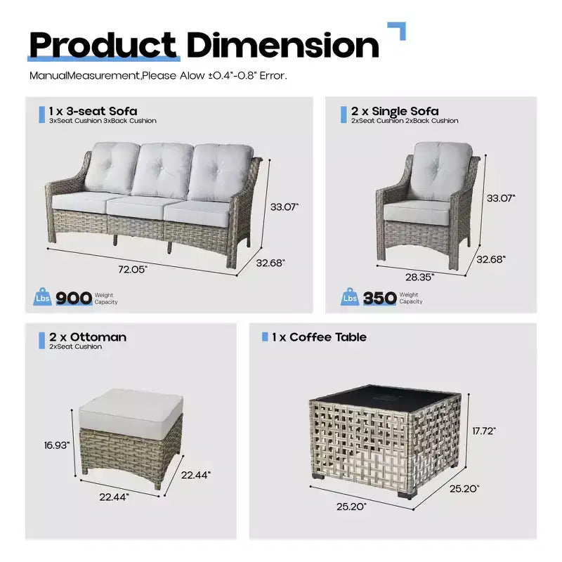 HOMLUX Set da conversazione da patio in vimini da 6 pezzi con divano a 3 posti con cuscino, sedie in rattan, poggiapiedi, tavolino da caffè