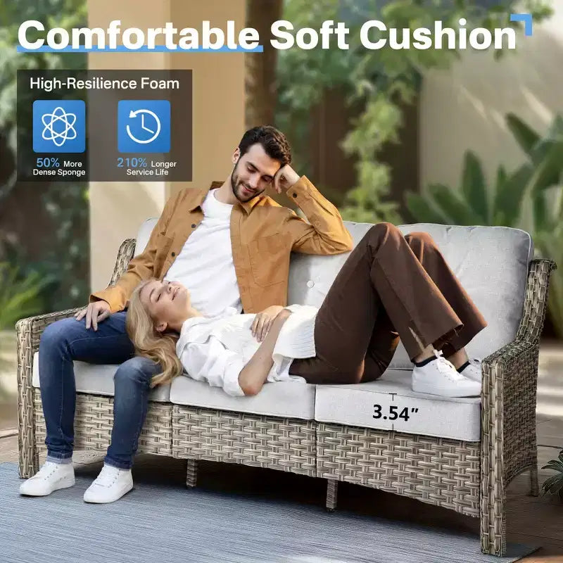 HOMLUX Set da conversazione da patio in vimini da 6 pezzi con divano a 3 posti con cuscino, sedie in rattan, poggiapiedi, tavolino da caffè