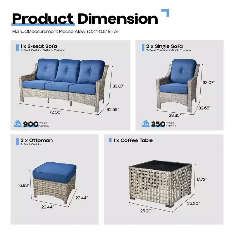HOMLUX Set da conversazione da patio in vimini da 6 pezzi con divano a 3 posti con cuscino, sedie in rattan, poggiapiedi, tavolino da caffè