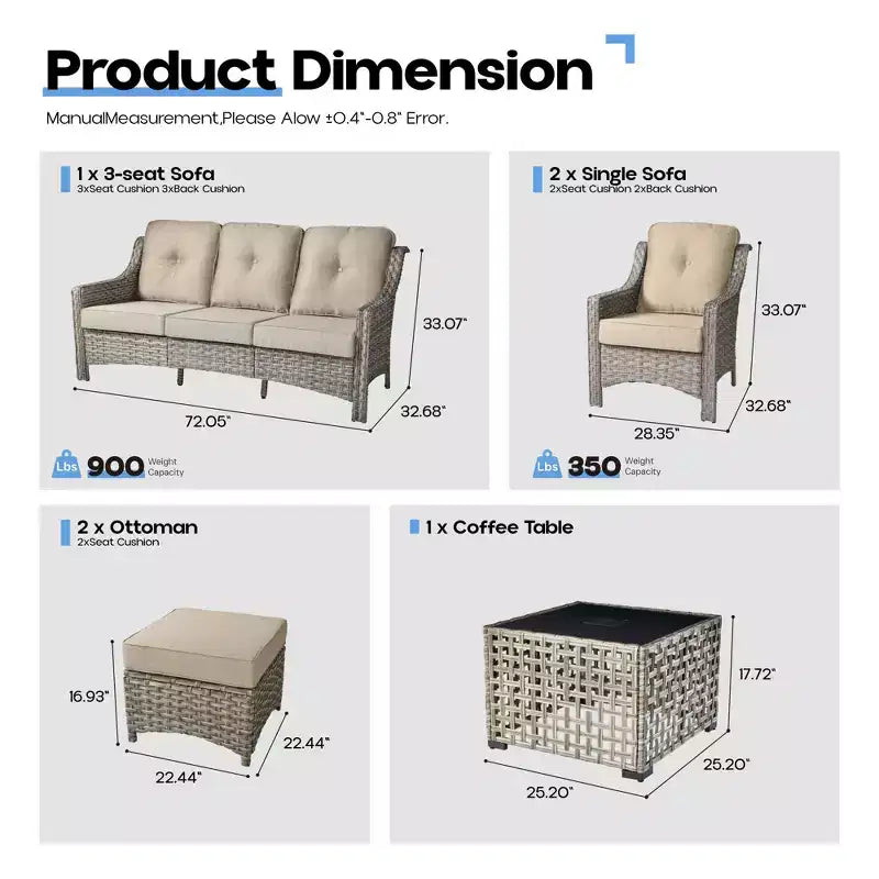 HOMLUX Set da conversazione da patio in vimini da 6 pezzi con divano a 3 posti con cuscino, sedie in rattan, poggiapiedi, tavolino da caffè