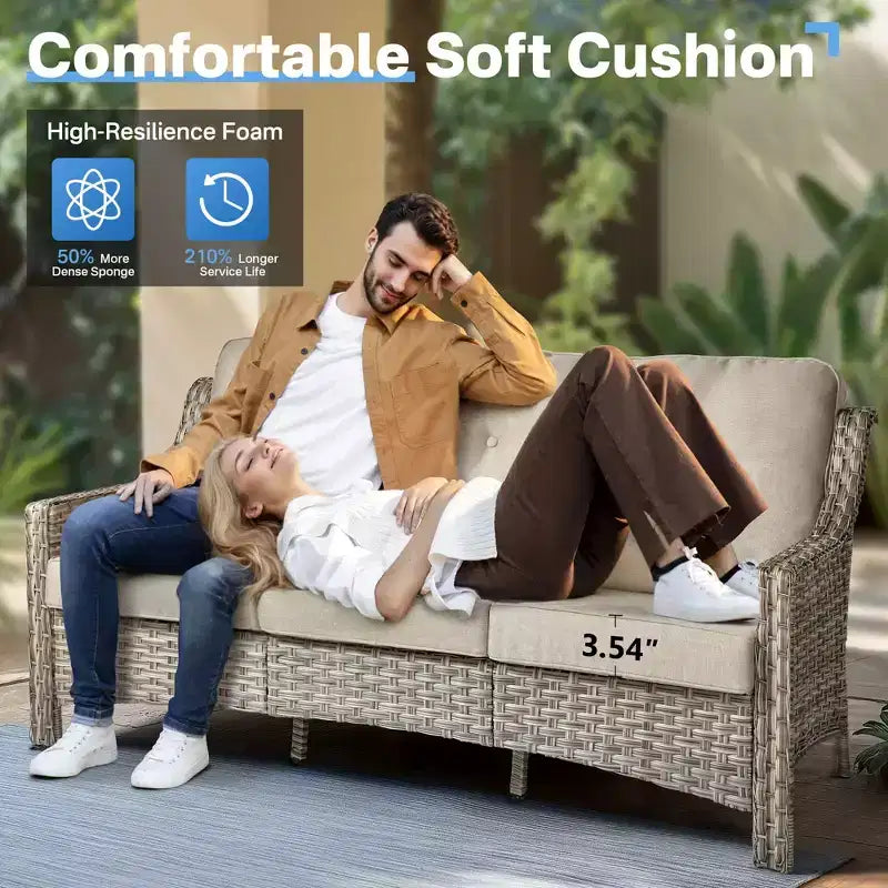 HOMLUX Set da conversazione da patio in vimini da 6 pezzi con divano a 3 posti con cuscino, sedie in rattan, poggiapiedi, tavolino da caffè