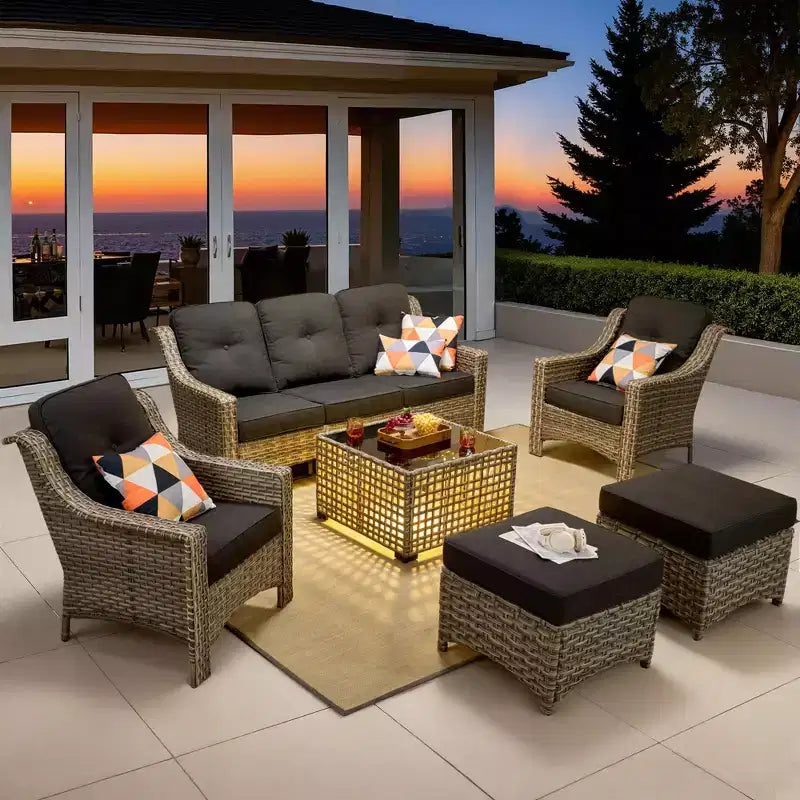 HOMLUX Set da conversazione da patio in vimini da 6 pezzi con divano a 3 posti con cuscino, sedie in rattan, poggiapiedi, tavolino da caffè