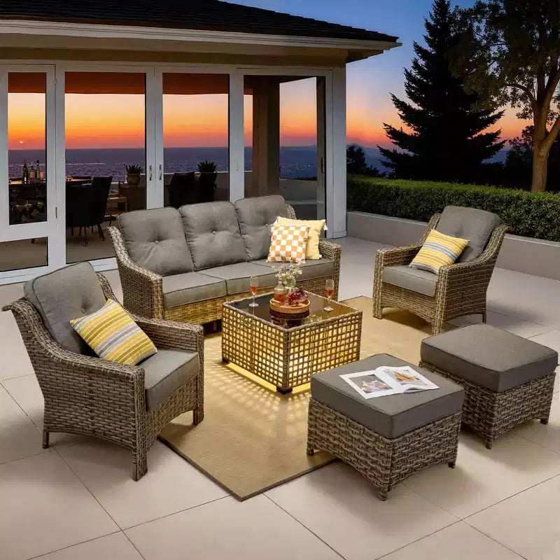 HOMLUX Set da conversazione da patio in vimini da 6 pezzi con divano a 3 posti con cuscino, sedie in rattan, poggiapiedi, tavolino da caffè