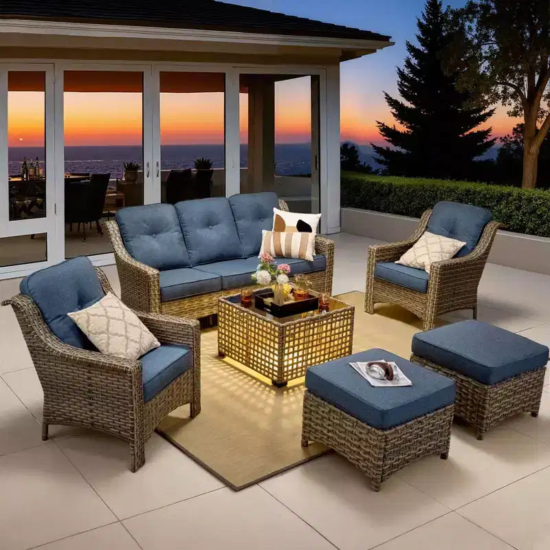 HOMLUX Set da conversazione da patio in vimini da 6 pezzi con divano a 3 posti con cuscino, sedie in rattan, poggiapiedi, tavolino da caffè
