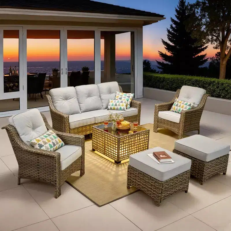 HOMLUX Set da conversazione da patio in vimini da 6 pezzi con divano a 3 posti con cuscino, sedie in rattan, poggiapiedi, tavolino da caffè