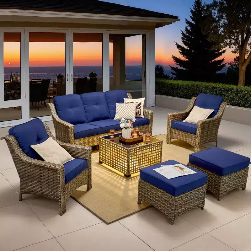 HOMLUX Set da conversazione da patio in vimini da 6 pezzi con divano a 3 posti con cuscino, sedie in rattan, poggiapiedi, tavolino da caffè