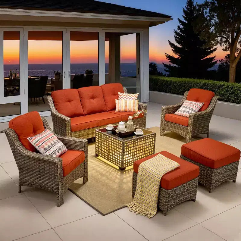 HOMLUX Set da conversazione da patio in vimini da 6 pezzi con divano a 3 posti con cuscino, sedie in rattan, poggiapiedi, tavolino da caffè