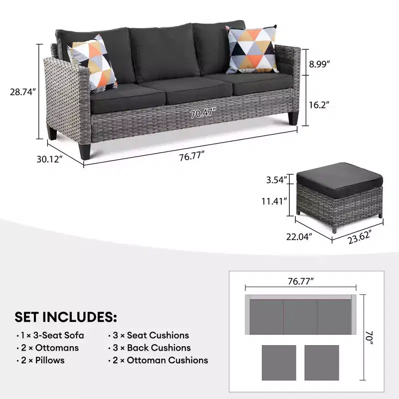 HOMLUX Salotto da conversazione da esterno a 3 posti, set divano in vimini per balcone, patio e giardino