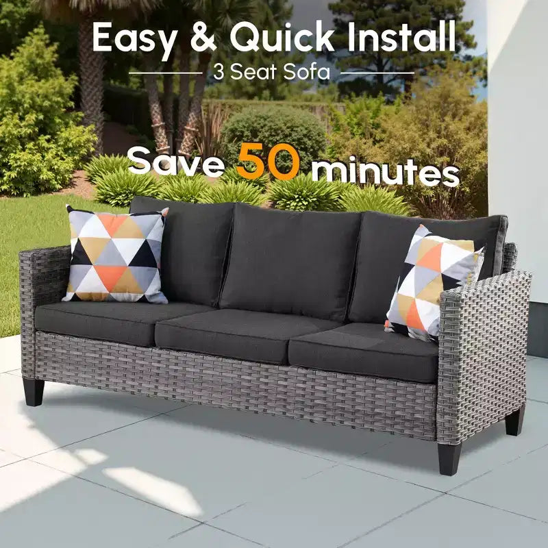 HOMLUX Salotto da conversazione da esterno a 3 posti, set divano in vimini per balcone, patio e giardino