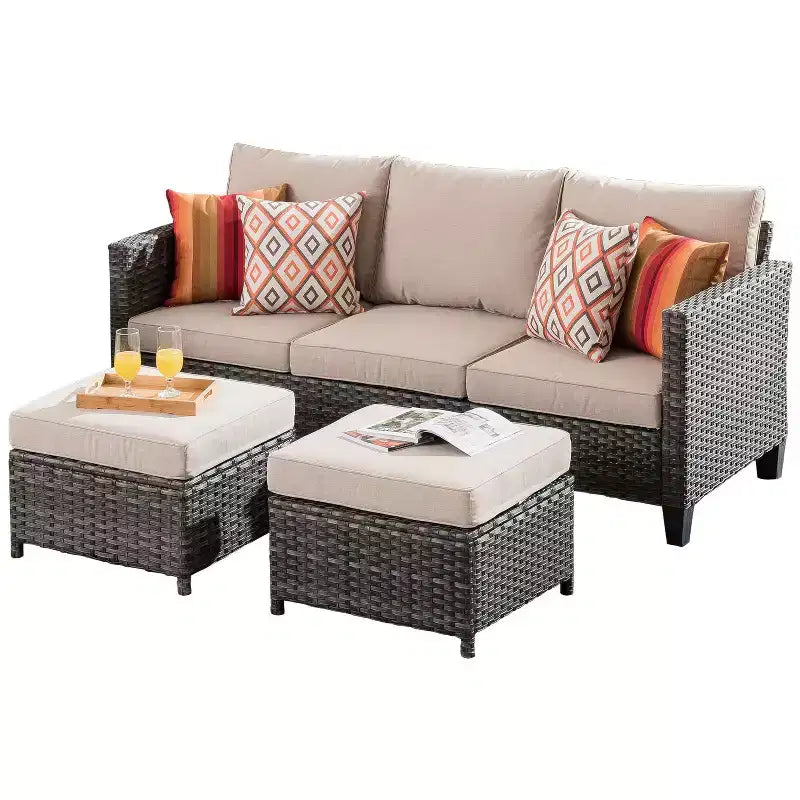 HOMLUX Salotto da conversazione da esterno a 3 posti, set divano in vimini per balcone, patio e giardino