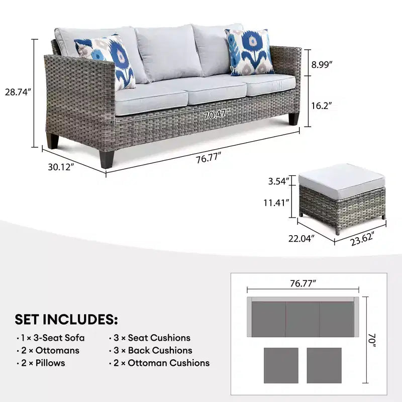 HOMLUX Salotto da conversazione da esterno a 3 posti, set divano in vimini per balcone, patio e giardino