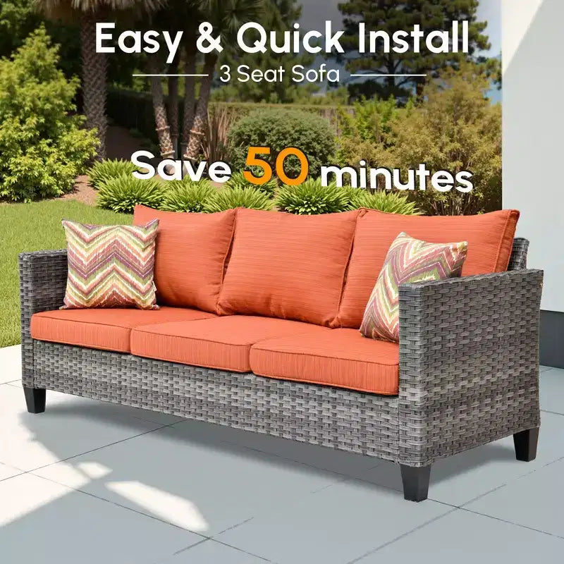 HOMLUX Salotto da conversazione da esterno a 3 posti, set divano in vimini per balcone, patio e giardino