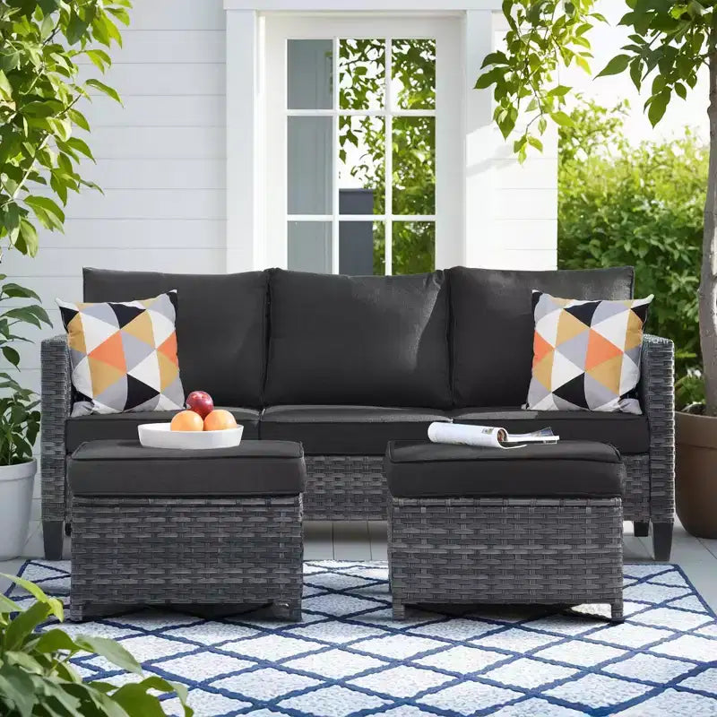 HOMLUX Salotto da conversazione da esterno a 3 posti, set divano in vimini per balcone, patio e giardino
