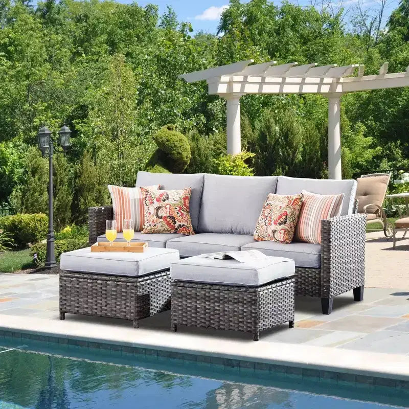 HOMLUX Salotto da conversazione da esterno a 3 posti, set divano in vimini per balcone, patio e giardino