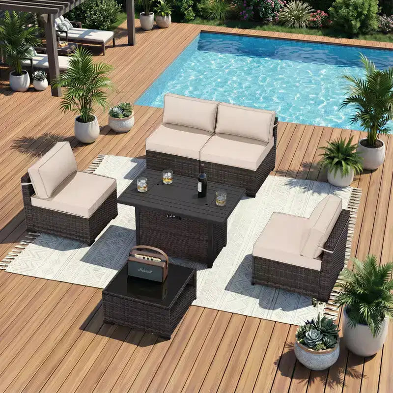 Set da patio 6 pezzi UPTIOT: 4 sedie laterali, tavolo con braciere marrone e tavolino da caffè in vetro temperato per eleganti riunioni all'aperto