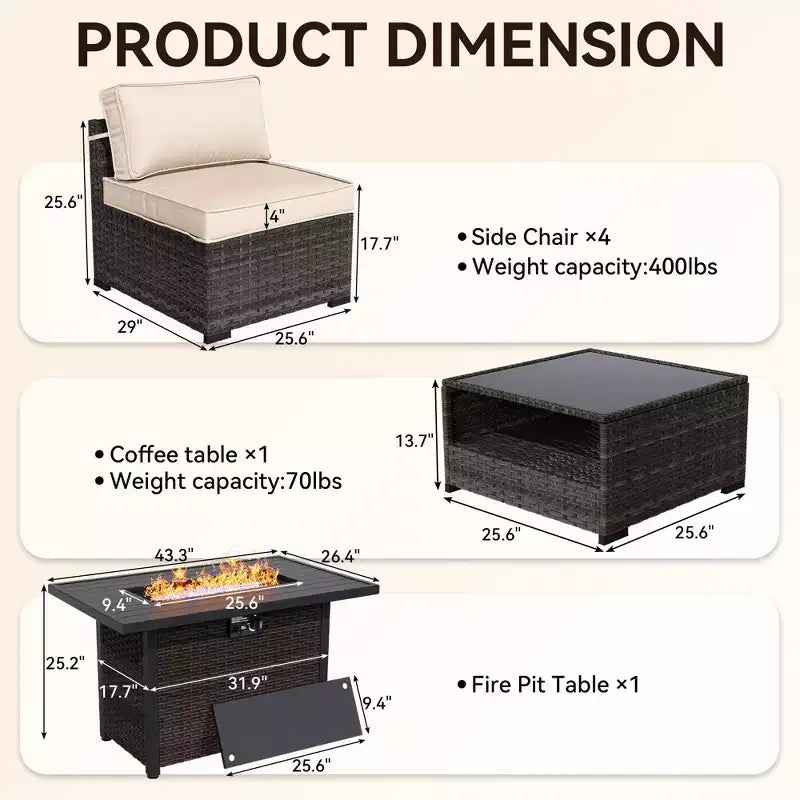 Set da patio 6 pezzi UPTIOT: 4 sedie laterali, tavolo con braciere marrone e tavolino da caffè in vetro temperato per eleganti riunioni all'aperto