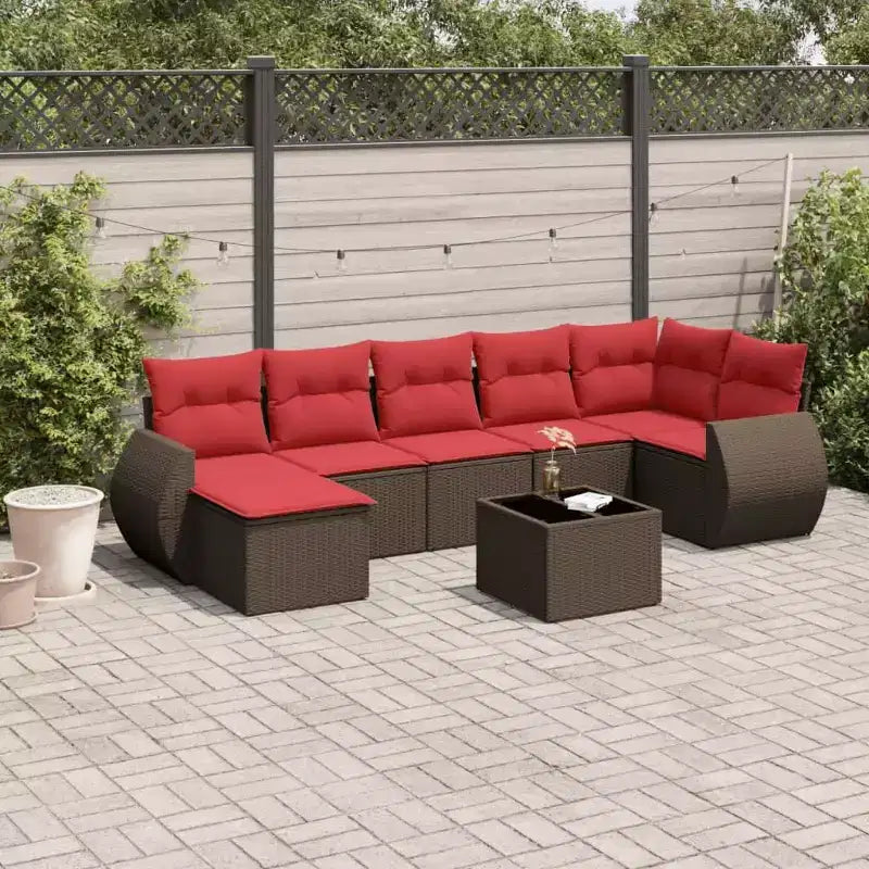 vidaXL Set Divani da Giardino 8 pz con Cuscini in Polyrattan Marrone - Marrone e Rosso con Tavolo