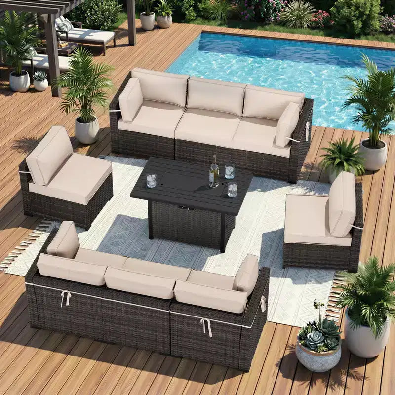 Set componibile da esterno UPTIOT Premium per tutte le stagioni con 4 poltrone ad angolo, 4 sedute profonde e tavolino/braciere convertibile grigio