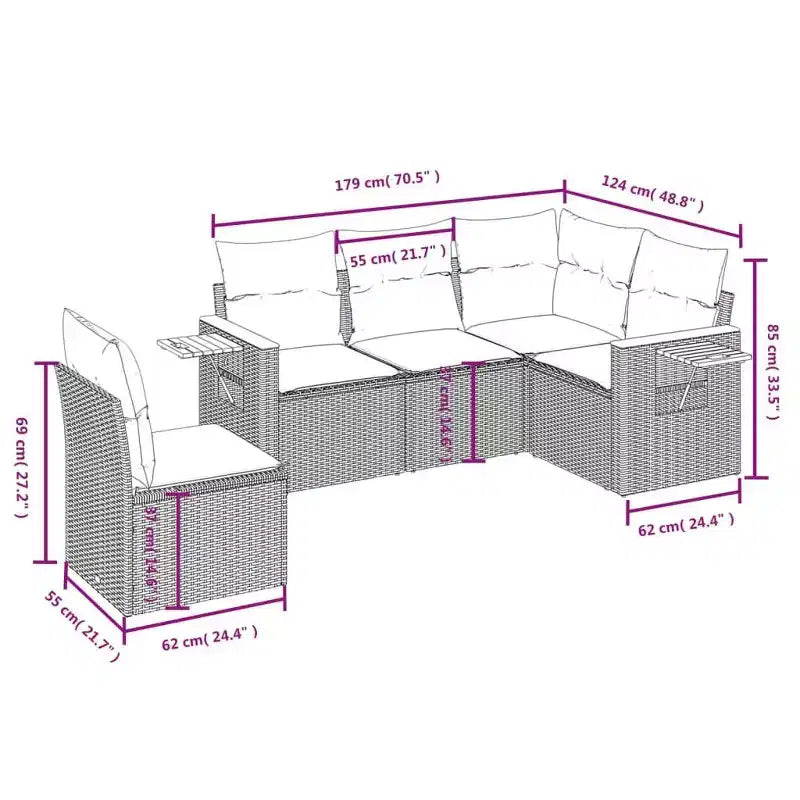 vidaXL Set divani da giardino in polyrattan, grandi braccioli regolabili