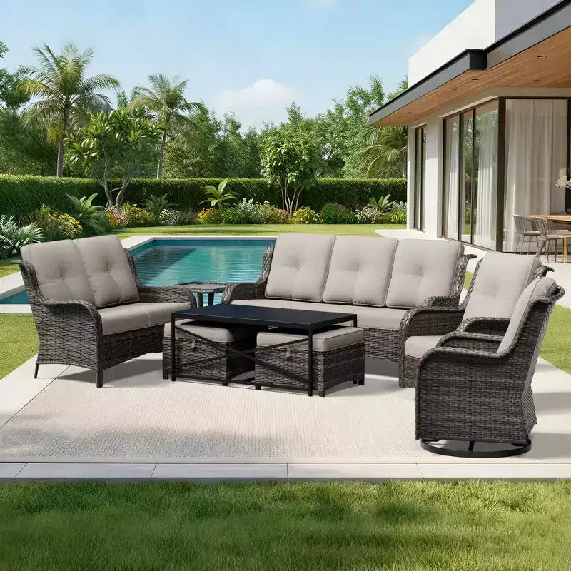 Set di divani da esterno premium UPTIOT con sedie girevoli e pouf multifunzionali