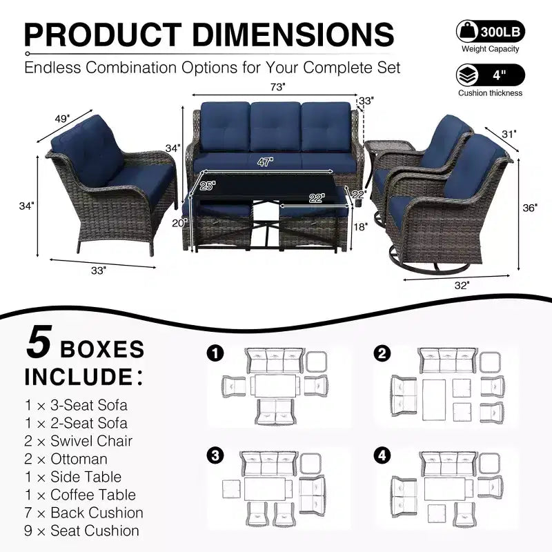Set di divani da esterno premium UPTIOT con sedie girevoli e pouf multifunzionali