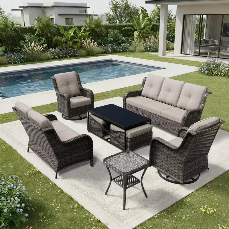 Set di divani da esterno premium UPTIOT con sedie girevoli e pouf multifunzionali