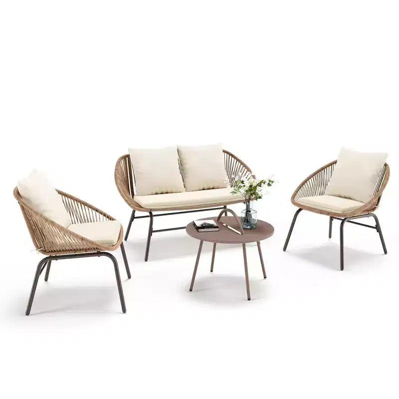 LAUSAINT HOME Set di mobili da giardino a 4 pezzi, Set di mobili da esterno in corda intrecciata bohémien traspirante con divanetto e tavolino da caffè portatile