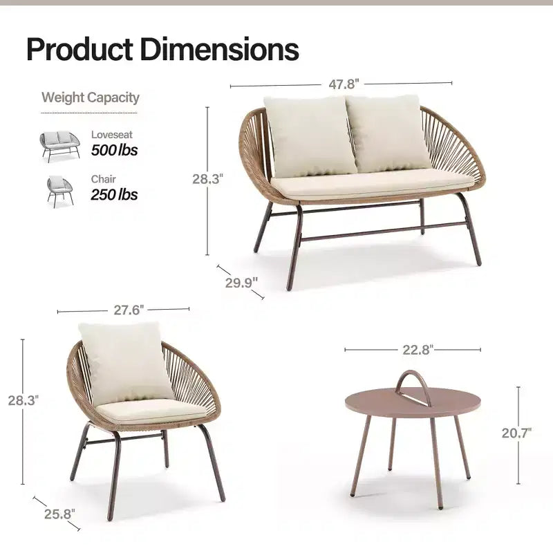 LAUSAINT HOME Set di mobili da giardino a 4 pezzi, Set di mobili da esterno in corda intrecciata bohémien traspirante con divanetto e tavolino da caffè portatile