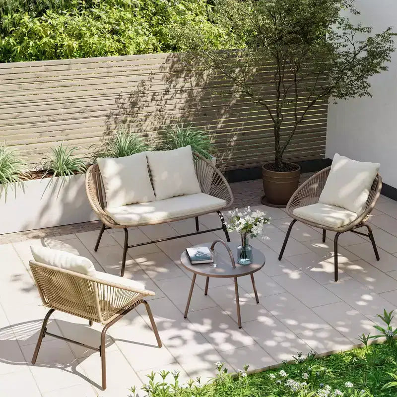 LAUSAINT HOME Set di mobili da giardino a 4 pezzi, Set di mobili da esterno in corda intrecciata bohémien traspirante con divanetto e tavolino da caffè portatile