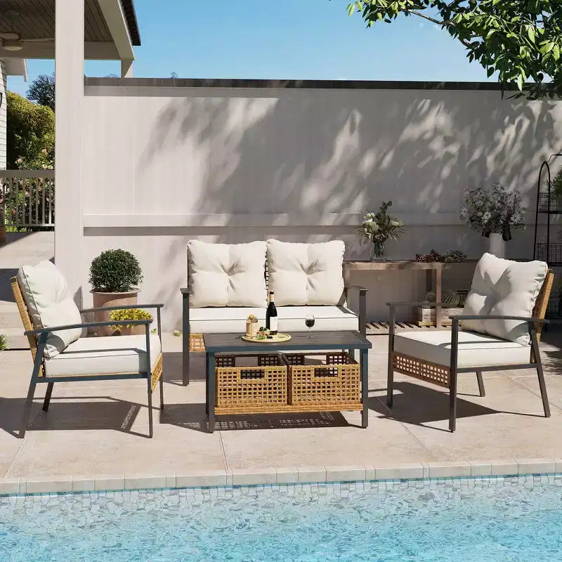 Set da conversazione in rattan LAUSAINT HOME a 4 pezzi, comodo set di mobili da esterno di grandi dimensioni per il cortile