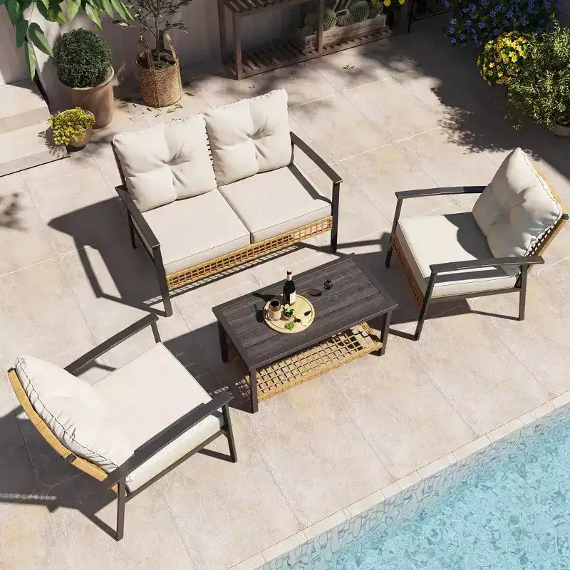 Set da conversazione in rattan LAUSAINT HOME a 4 pezzi, comodo set di mobili da esterno di grandi dimensioni per il cortile