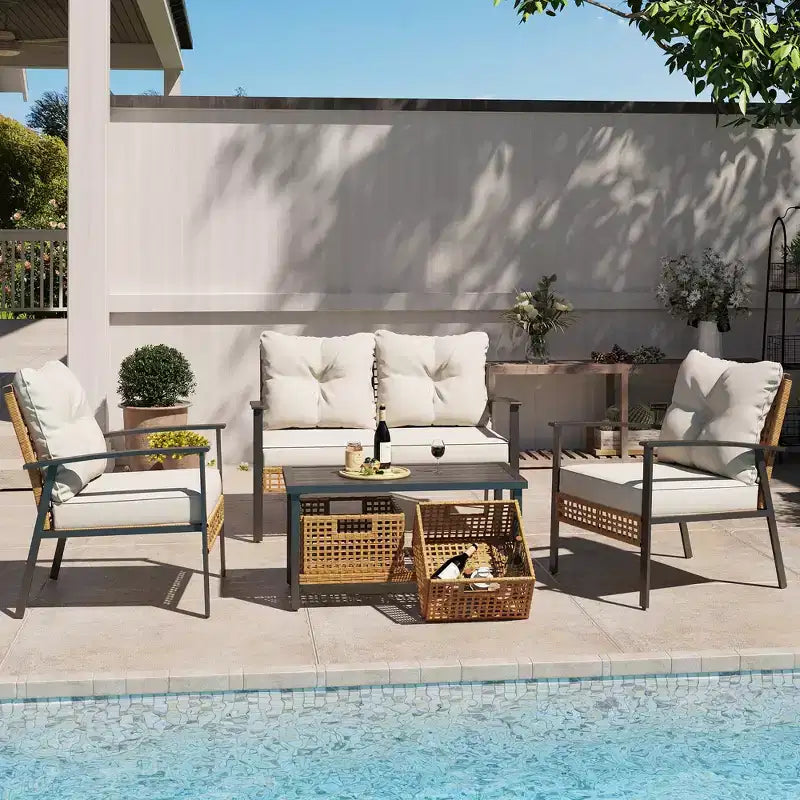Set da conversazione in rattan LAUSAINT HOME a 4 pezzi, comodo set di mobili da esterno di grandi dimensioni per il cortile