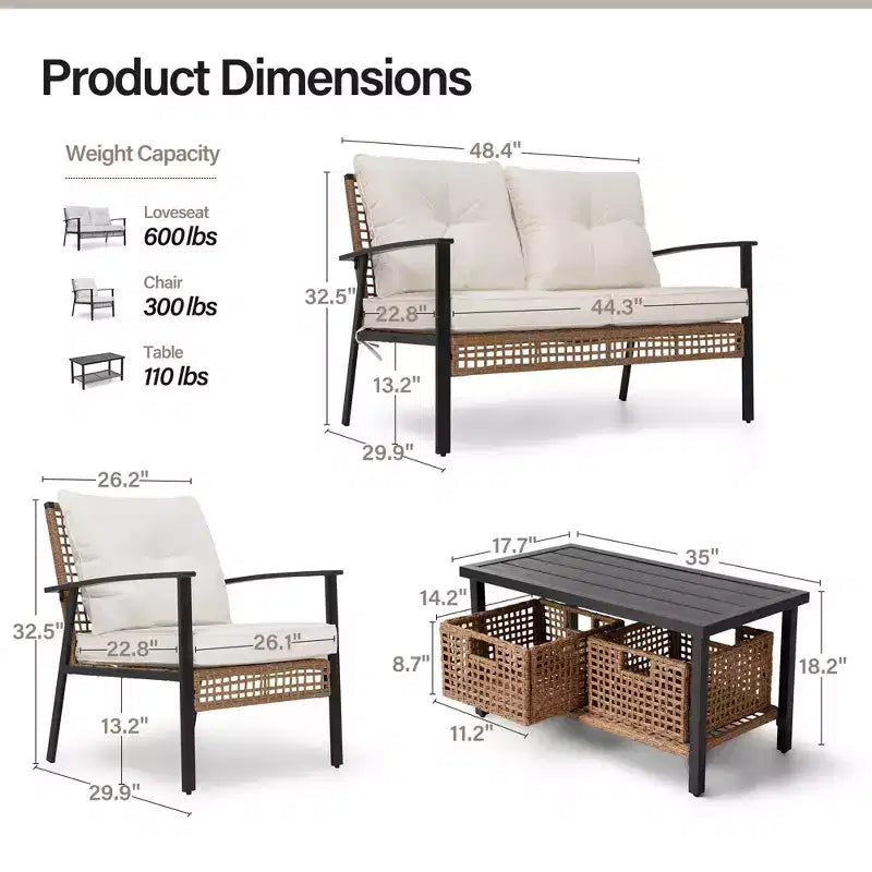 Set da conversazione in rattan LAUSAINT HOME a 4 pezzi, comodo set di mobili da esterno di grandi dimensioni per il cortile