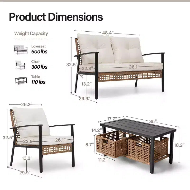 Set da conversazione in rattan LAUSAINT HOME a 4 pezzi, comodo set di mobili da esterno di grandi dimensioni per il cortile