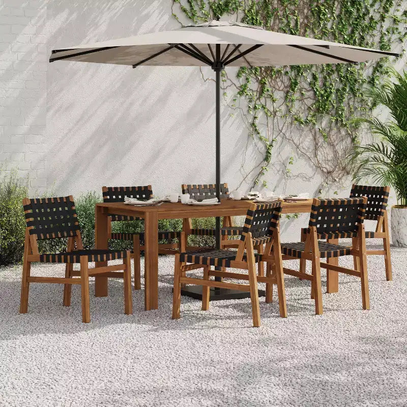 Christopher Knight Home Ratchanon - Sedie laterali da patio moderne da 7 pezzi in legno di acacia con corda intrecciata in PE e tavolo a doghe