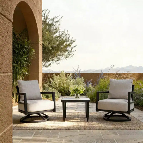 Set di 3 sedie girevoli da giardino in alluminio, set di mobili da esterno con cuscini Sunbrella e tavolino per terrazza, giardino o balcone - Panipeachy
