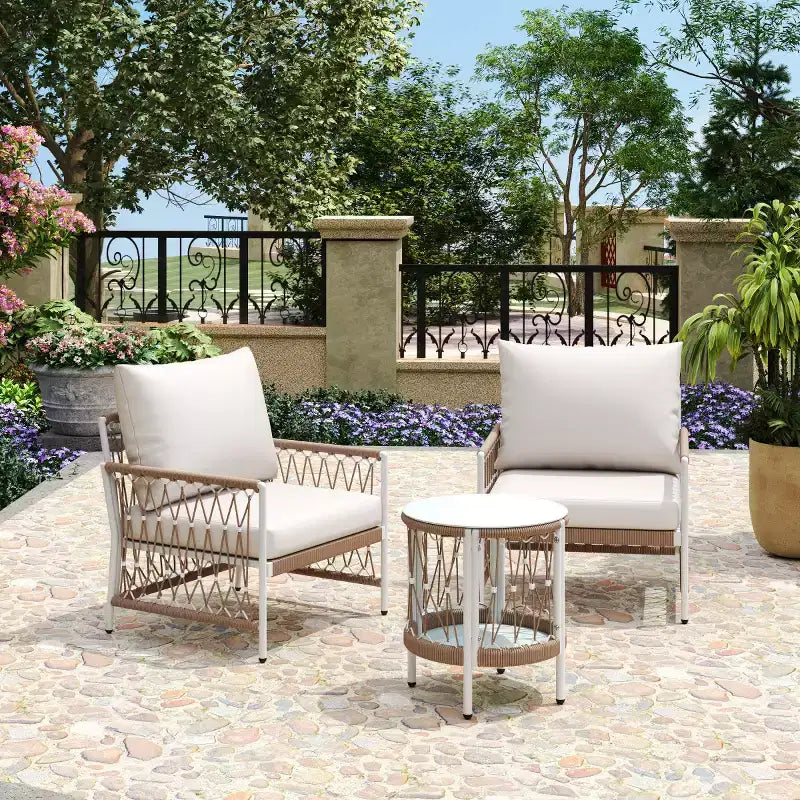 Set da 3 mobili da patio bohémien con 2 sedie a sdraio e tavolino in vetro, set da conversazione per esterni per cortile o a bordo piscina-Panipeachy
