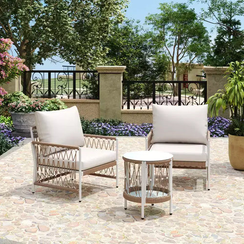 Set da 3 mobili da patio bohémien con 2 sedie a sdraio e tavolino in vetro, set da conversazione per esterni per cortile o a bordo piscina-Panipeachy