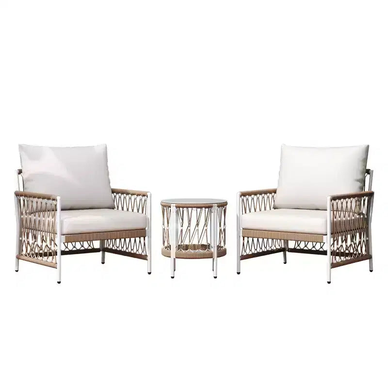 Set da 3 mobili da patio bohémien con 2 sedie a sdraio e tavolino in vetro, set da conversazione per esterni per cortile o a bordo piscina-Panipeachy