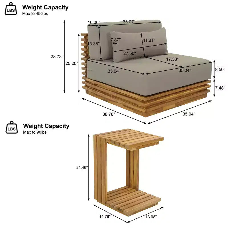 Christopher Knight Home Weston, set da 2 pezzi per esterno con sedia club moderna in legno di acacia e tavolino laterale, con cuscini