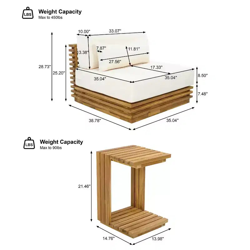 Christopher Knight Home Weston, set da 2 pezzi per esterno con sedia club moderna in legno di acacia e tavolino laterale, con cuscini