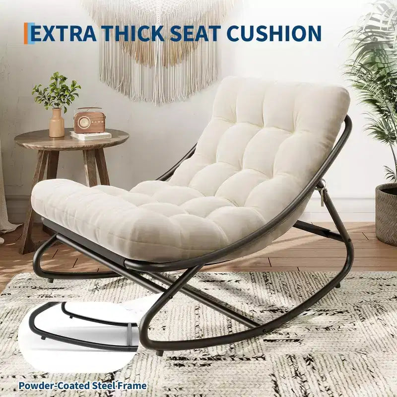 Sedia a Dondolo Oversize Trapuntata con Cuscino Rimovibile, Poltrona Accent in Tessuto Bianco Crema per Soggiorno e Camera da Letto