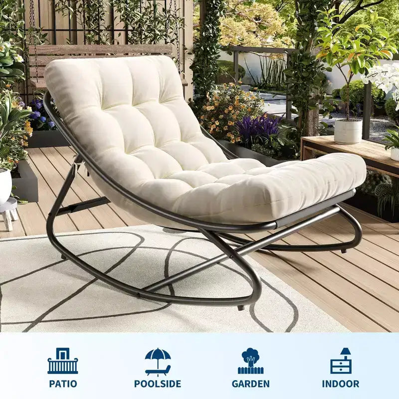 Sedia a Dondolo Oversize Trapuntata con Cuscino Rimovibile, Poltrona Accent in Tessuto Bianco Crema per Soggiorno e Camera da Letto