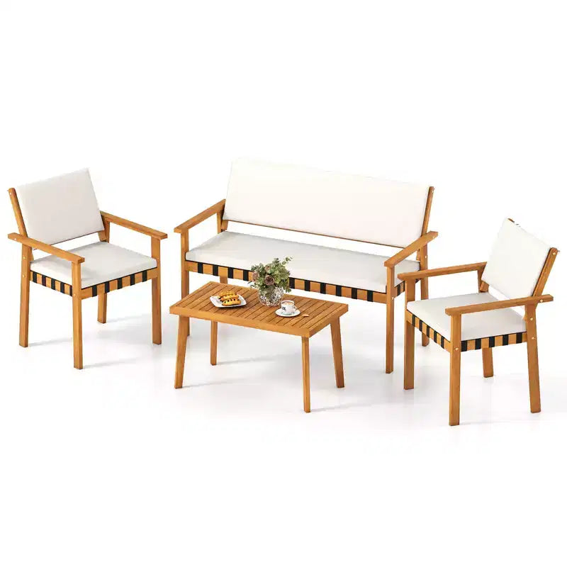 Set di mobili da esterno Costway 4 pezzi in legno con tavolino e cuscini per schienale per giardino e veranda
