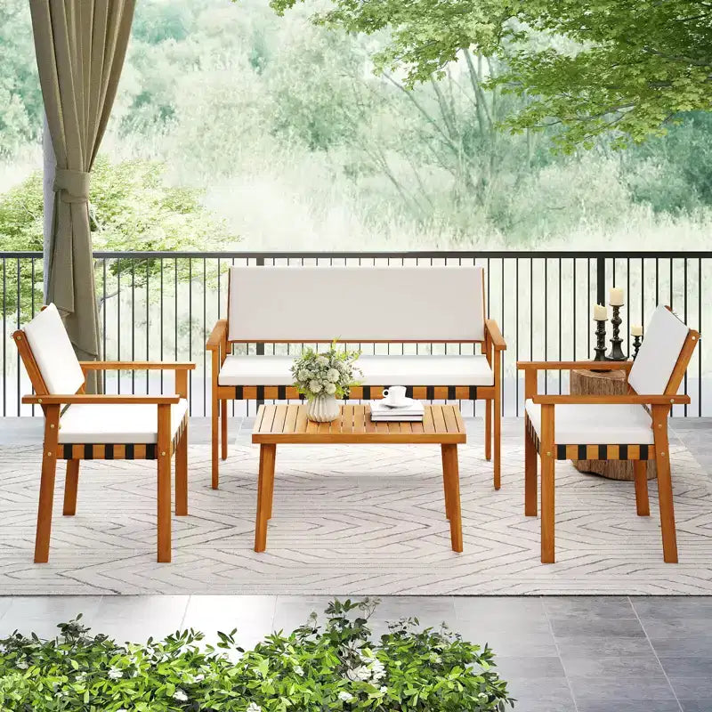 Set di mobili da esterno Costway 4 pezzi in legno con tavolino e cuscini per schienale per giardino e veranda