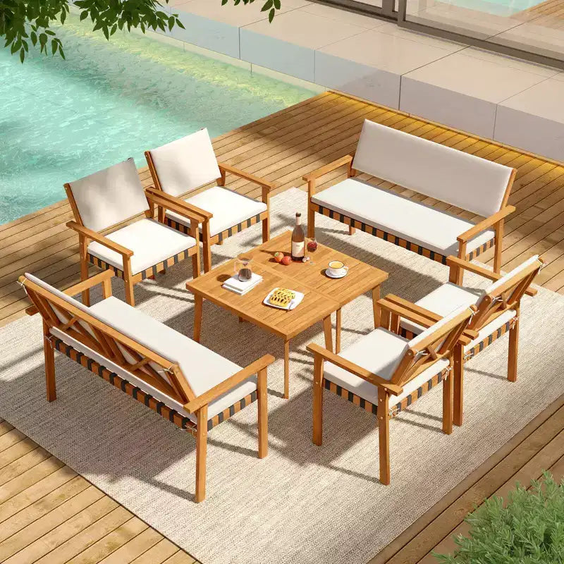Set di mobili da esterno Costway 4 pezzi in legno con tavolino e cuscini per schienale per giardino e veranda