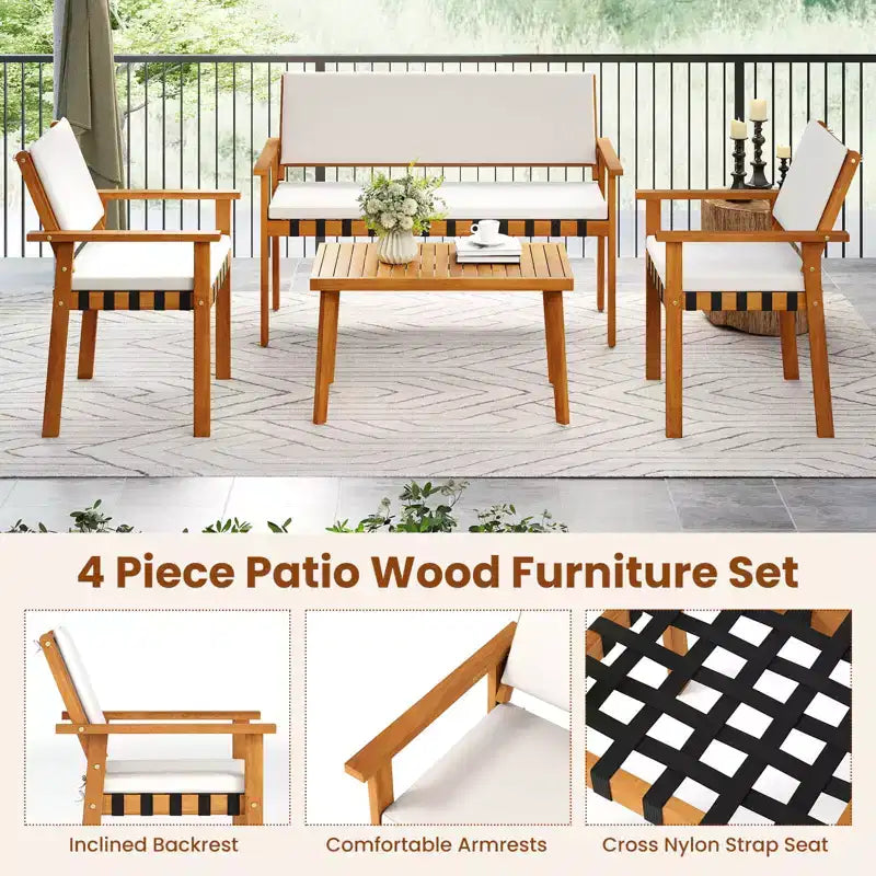 Set di mobili da esterno Costway 4 pezzi in legno con tavolino e cuscini per schienale per giardino e veranda